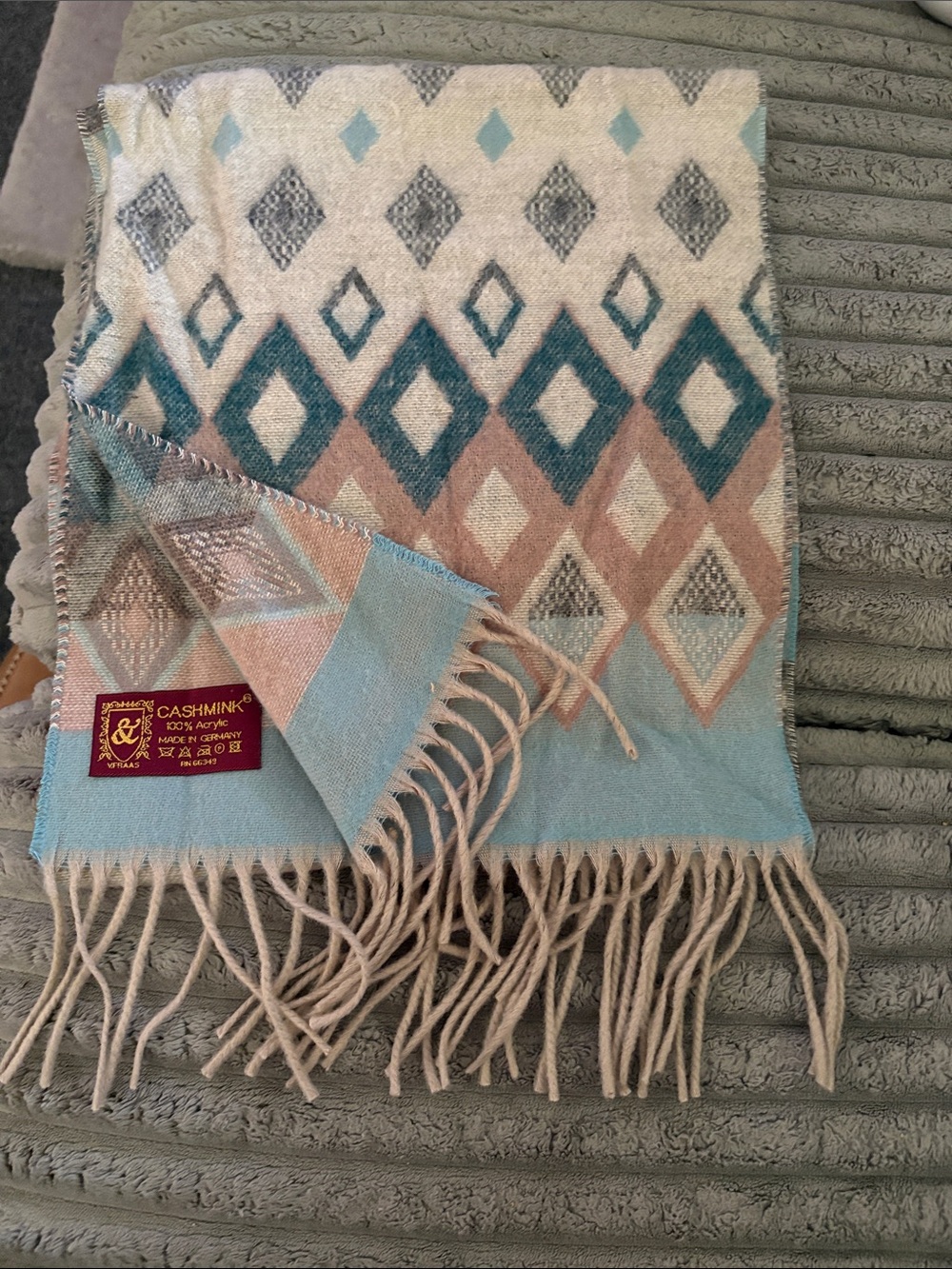 Cashmere Geometric Diamond Scarf - Teal, Pink & Cream
